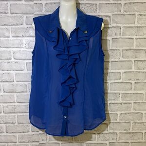 Mast & Harbour sheer Elegant Blue Ruffled Sleeveless Blouse, size large